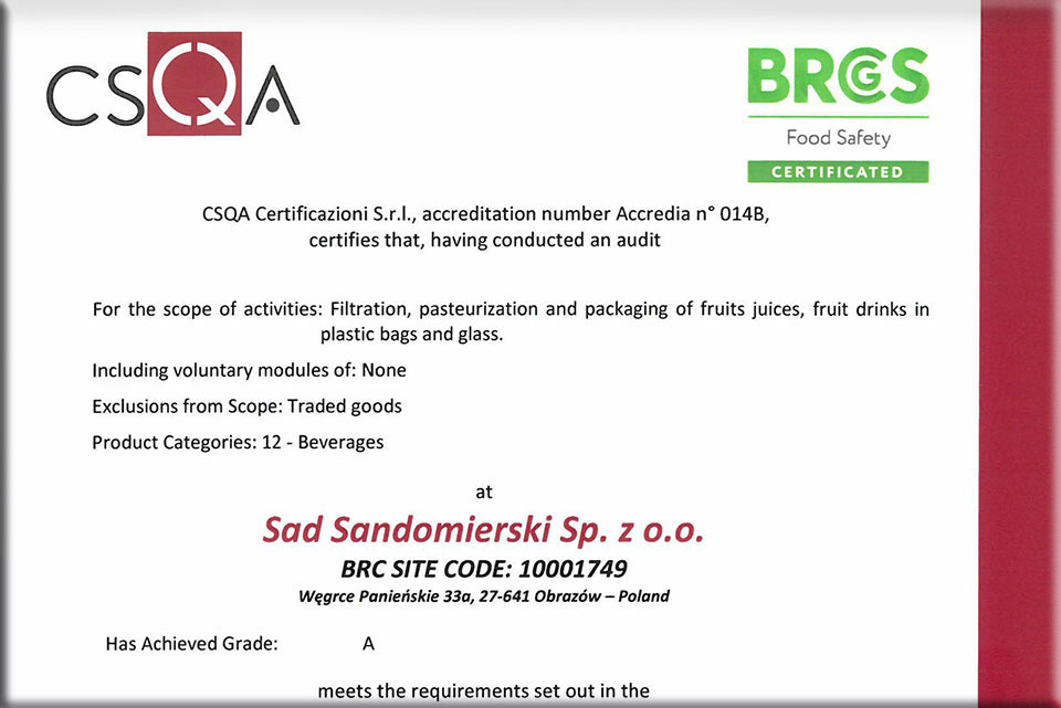 Certyfikat BRC - Sad Sandomierski sp. z o.o.