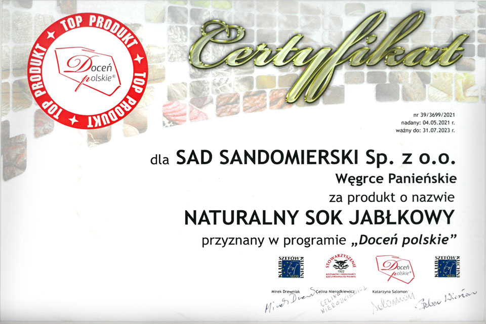 Certyfikat Doceń Polskie 2021-2023 dla Sad Sandomierski Sp. z o.o.