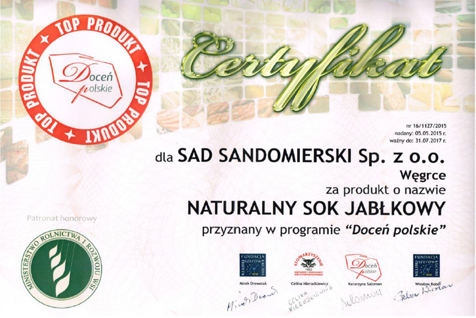 Unser Apfelsaft „Sad Sandomierski” wurde mit dem Zertfikat „Schätze Das Polnisch 2015” ausgezeichnet
